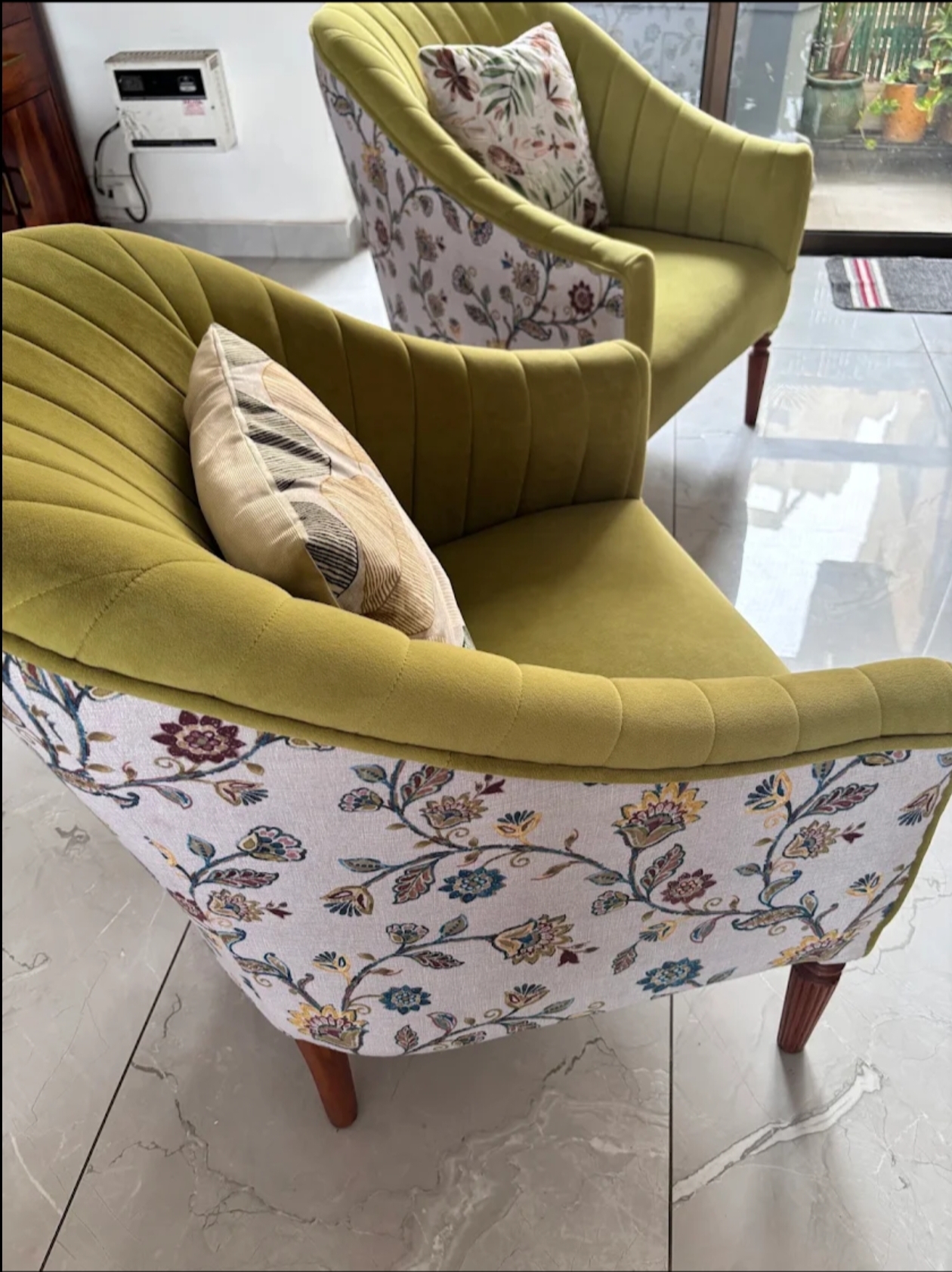 Handmade olive green velvet tub chairs with floral upholstery